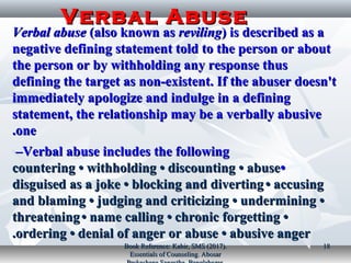 Verbal abuseVerbal abuse (also known as(also known as revilingreviling) is described as a) is described as a
negative defining statement told to the person or aboutnegative defining statement told to the person or about
the person or by withholding any response thusthe person or by withholding any response thus
defining the target as non-existent. If the abuser doesn'tdefining the target as non-existent. If the abuser doesn't
immediately apologize and indulge in a definingimmediately apologize and indulge in a defining
statement, the relationship may be a verbally abusivestatement, the relationship may be a verbally abusive
oneone..
Verbal abuse includes the followingVerbal abuse includes the following––
••countering • withholding • discounting • abusecountering • withholding • discounting • abuse
disguised as a joke • blocking and divertingdisguised as a joke • blocking and diverting • accusing• accusing
and blaming • judging and criticizing • undermining •and blaming • judging and criticizing • undermining •
threateningthreatening • name calling • chronic forgetting •• name calling • chronic forgetting •
ordering • denial of anger or abuse • abusive angerordering • denial of anger or abuse • abusive anger..
Verbal AbuseVerbal Abuse
Book Reference: Kabir, SMS (2017).Book Reference: Kabir, SMS (2017).
Essentials of Counseling. AbosarEssentials of Counseling. Abosar
1818
 