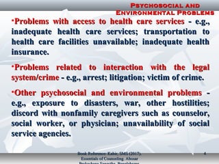 •Problems with access to health care servicesProblems with access to health care services ­ e.g.,­ e.g.,
inadequate health care services; transportation toinadequate health care services; transportation to
health care facilities unavailable; inadequate healthhealth care facilities unavailable; inadequate health
insurance.insurance.
•Problems related to interaction with the legalProblems related to interaction with the legal
system/crimesystem/crime ­ e.g., arrest; litigation; victim of crime.­ e.g., arrest; litigation; victim of crime.
•Other psychosocial and environmental problemsOther psychosocial and environmental problems ­­
e.g., exposure to disasters, war, other hostilities;e.g., exposure to disasters, war, other hostilities;
discord with nonfamily caregivers such as counselor,discord with nonfamily caregivers such as counselor,
social worker, or physician; unavailability of socialsocial worker, or physician; unavailability of social
service agencies.service agencies.
Psychosocial andPsychosocial and
Environmental ProblemsEnvironmental Problems
Book Reference: Kabir, SMS (2017).Book Reference: Kabir, SMS (2017).
Essentials of Counseling. AbosarEssentials of Counseling. Abosar
44
 