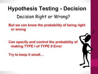 Hypothesis Testing - Decision
Decision Right or Wrong?
But we can know the probability of being right
or wrong
Can specify and control the probability of
making TYPE I of TYPE II Error
Try to keep it small…
 