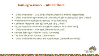Training Session 5 – Almost There!
 TERN Surveillance – Data and Sample Curation (Christina Macdonald)
 TERN Surveillance specimen and sample loads (Ben Sparrow for Sally O’Neill)
 Woodlands Protocols (ben Sparrow, for Sally O’Neill)
 Condition Protocols (Ben Sparrow, for Sally O’Neill)
 Future Protocols – Invertebrates (Ben Sparrow, for Sally O’Neill)
 TERN Surveillance – New tech (Andrew Tokmakoff)
 Remote Sensing Validation (David Summers)
 The Role of Citizen Science (Katie Irvine)
 TERN Surveillance Research and Applications (Samantha Munroe)
 