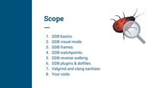 Scope
1. GDB basics.
2. GDB visual mode.
3. GDB frames.
4. GDB watchpoints.
5. GDB reverse walking.
6. GDB plugins & dotfiles.
7. Valgrind and clang sanitizer.
8. Your code.
 