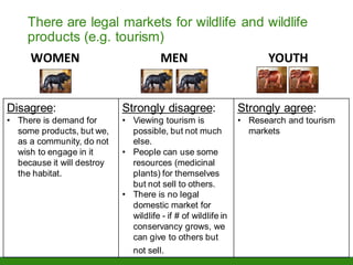 There are legal markets for wildlife and wildlife
products (e.g. tourism)
WOMEN MEN YOUTH
Disagree:
• There is demand for
some products, but we,
as a community, do not
wish to engage in it
because it will destroy
the habitat.
Strongly disagree:
• Viewing tourism is
possible, but not much
else.
• People can use some
resources (medicinal
plants) for themselves
but not sell to others.
• There is no legal
domestic market for
wildlife - if # of wildlife in
conservancy grows, we
can give to others but
not sell.
Strongly agree:
• Research and tourism
markets
 
