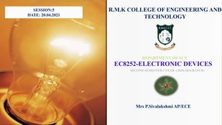 R.M.K COLLEGE OF ENGINEERING AND
TECHNOLOGY
DEPARTMENT OF ECE
EC8252-ELECTRONIC DEVICES
SECOND SEMESTER-I YEAR- (2020-2024 BATCH)
Mrs P.Sivalakshmi AP/ECE
SESSION:5
DATE: 20.04.2021
 