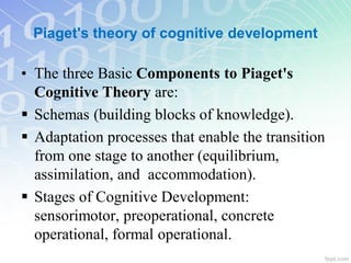 Piaget's theory of cognitive development
• The three Basic Components to Piaget's
Cognitive Theory are:
 Schemas (building blocks of knowledge).
 Adaptation processes that enable the transition
from one stage to another (equilibrium,
assimilation, and accommodation).
 Stages of Cognitive Development:
sensorimotor, preoperational, concrete
operational, formal operational.
 