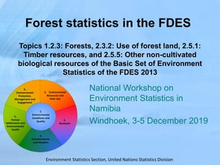 Environment Statistics Section, United Nations Statistics Division
2. Environmental
Resources and
their Use
3.
Residuals
4.
Extreme Events
and Disasters
6.
Environmental
Protection,
Management and
Engagement
5.
Human
Settlements and
Environmental
Health
1.
Environmental
Conditions and
Quality
Forest statistics in the FDES
Topics 1.2.3: Forests, 2.3.2: Use of forest land, 2.5.1:
Timber resources, and 2.5.5: Other non-cultivated
biological resources of the Basic Set of Environment
Statistics of the FDES 2013
National Workshop on
Environment Statistics in
Namibia
Windhoek, 3-5 December 2019
 