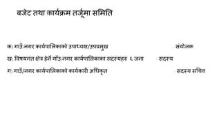 फजेट तथा कामकिभ तजूकभा समभनत
क) गाउॉ/नगय कामकऩामरकाको उऩाध्मऺ/उऩप्रभुख - सॊमोजक
ख) विषमगत ऺेत्र हेने गाॉउ/नगय कामकऩामरकाका सदस्महरु ६ जना - सदस्म
ग) गाउॉ/नगय कामकऩामरकाको कामककायी अगधकृ त - सदस्म सगचि
 