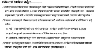 फजेट तथा कामाक्रभ तजूाभा......................
1.आमोजना तथा कामकिभहरुको विषमगत सुची भाथी छरपरको रागग विषमगत ऺेत्र हेने सदस्मको सॊमोजनभा
गाउॉ / नगय सबाका कक्म्तभा १/१ जना भदहरा तथा दमरत सदस्म, सम्फक्न्त्धत विषम हेने शाखा / विबागका
प्रभुख सभेत यहने गरय ५ सदस्मीम कामक सभुह गठन गरय सभूहगत छरपरको व्मिस्था मभराउनु ऩनेछ ।
2.विषमगत कामक सभुहरे ननम्न ऩऺहरुराई सभेत भध्मनगय गदै आमोजना / कामकिभको प्राथमभक्रककयण गनुक
ऩनेछ -
क) गाउॉ / नगय कामकऩामरकारे तम गयेको आमोजना / कामकिभ प्राथमभक्रककयण भाऩदण्ड य आधाय
ख) आमोजनाहरुको सॊचारनको सॊबाव्मता, प्राविगधक ऺभता य फजेट सीभा
ग) आमोजना / कामकिभभा हुन सतने दोहोयोऩना, अन्त्तय विषमगत ऩरयऩुयकता य अन्त्तयसम्फन्त्ध
3.विषमगत कामक सभुहफाट छरपर बई प्राथमभक्रककयण बएका आमोजना / कामकिभराई फजेट तथा कामाक्रभ
समभनतरे श्स्वकृ तीको राधग गाउॉ / नगय कामाऩामरकाभा मसपारयस गनेछ ।
 