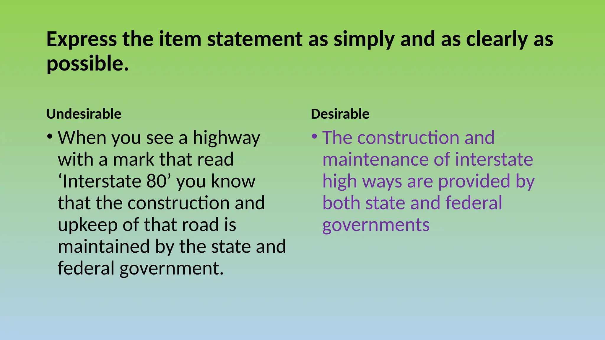 Express the item statement as simply and as clearly as
possible.
Undesirable Desirable
• The construction and
maintenance of interstate
high ways are provided by
both state and federal
governments
• When you see a highway
with a mark that read
‘Interstate 80’ you know
that the construction and
upkeep of that road is
maintained by the state and
federal government.
 