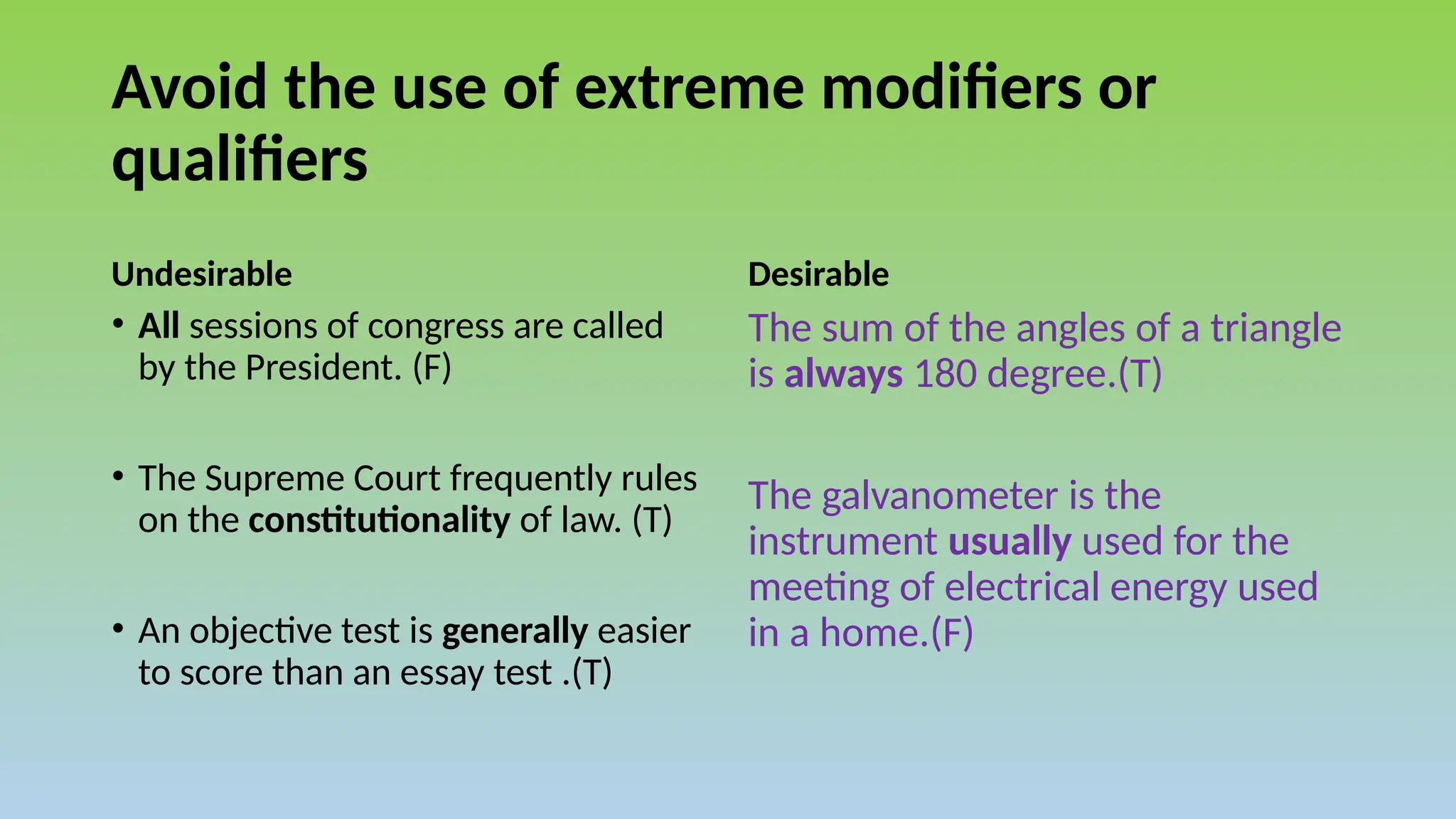 Avoid the use of extreme modifiers or
qualifiers
Undesirable Desirable
The sum of the angles of a triangle
is always 180 degree.(T)
The galvanometer is the
instrument usually used for the
meeting of electrical energy used
in a home.(F)
• All sessions of congress are called
by the President. (F)
• The Supreme Court frequently rules
on the constitutionality of law. (T)
• An objective test is generally easier
to score than an essay test .(T)
 