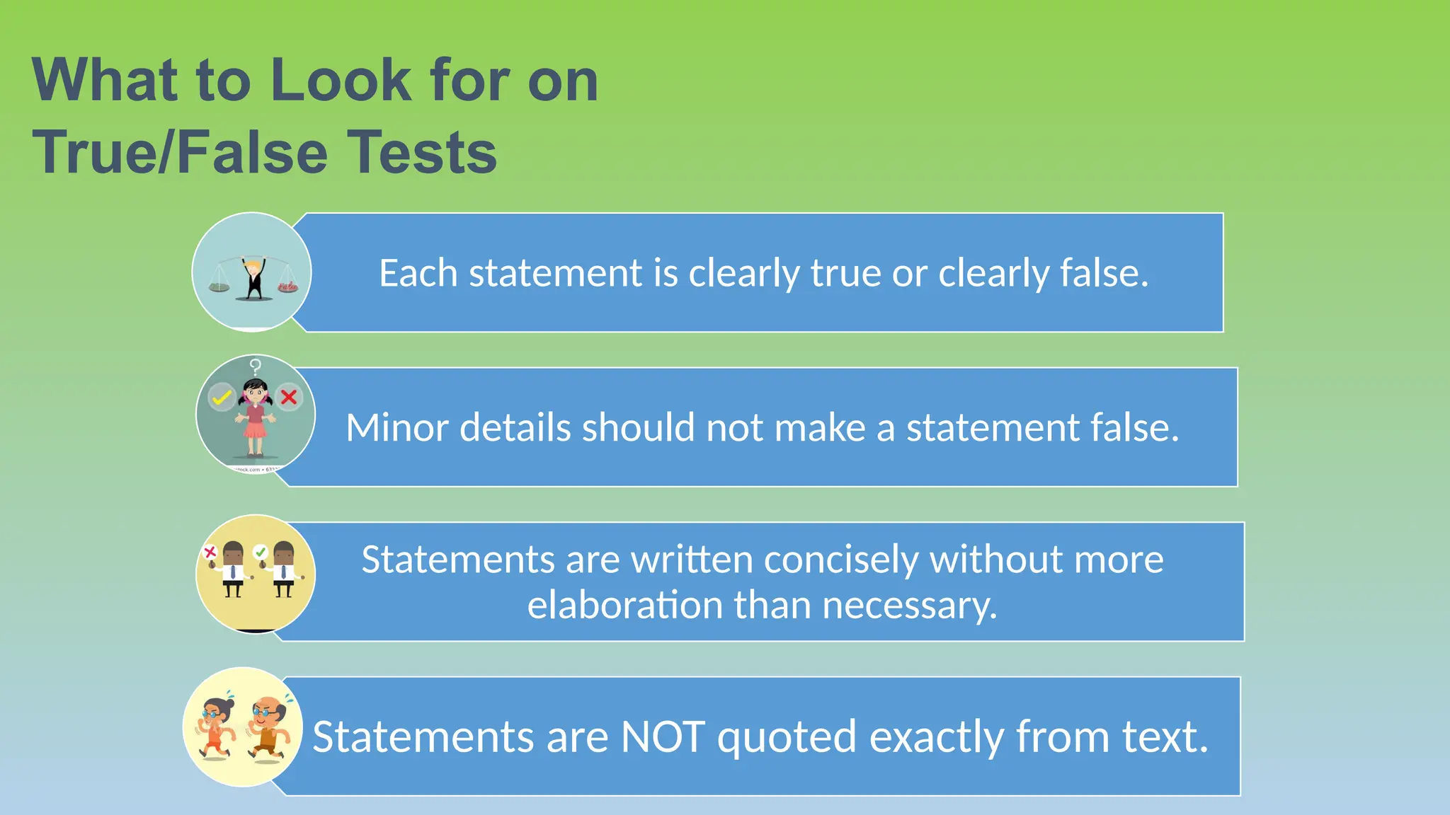 Each statement is clearly true or clearly false.
Minor details should not make a statement false.
Statements are written concisely without more
elaboration than necessary.
Statements are NOT quoted exactly from text.
What to Look for on
True/False Tests
 