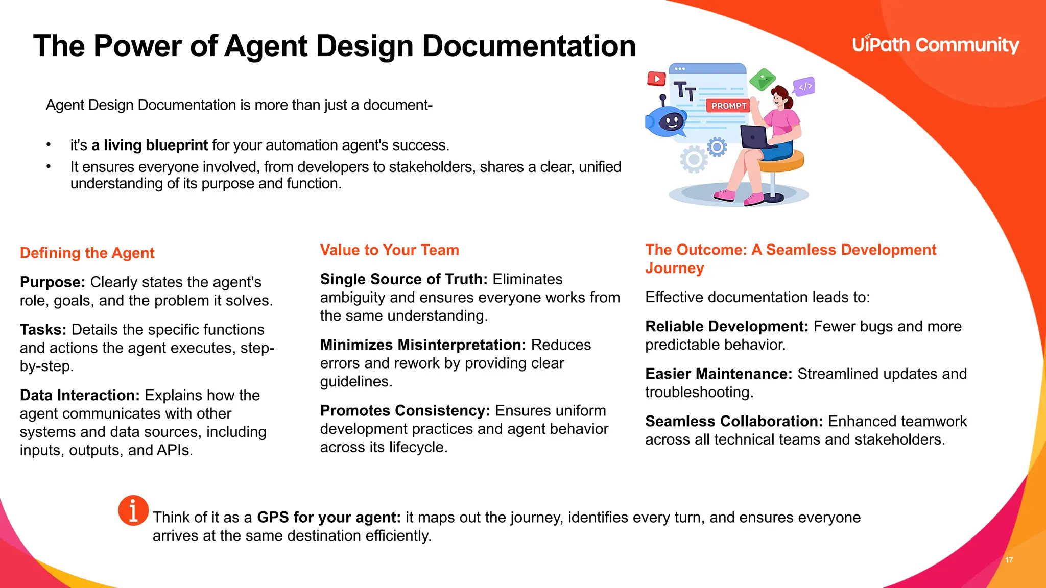 17
Agent Design Documentation is more than just a document-
• it's a living blueprint for your automation agent's success.
• It ensures everyone involved, from developers to stakeholders, shares a clear, unified
understanding of its purpose and function.
Defining the Agent
Purpose: Clearly states the agent's
role, goals, and the problem it solves.
Tasks: Details the specific functions
and actions the agent executes, step-
by-step.
Data Interaction: Explains how the
agent communicates with other
systems and data sources, including
inputs, outputs, and APIs.
The Power of Agent Design Documentation
Value to Your Team
Single Source of Truth: Eliminates
ambiguity and ensures everyone works from
the same understanding.
Minimizes Misinterpretation: Reduces
errors and rework by providing clear
guidelines.
Promotes Consistency: Ensures uniform
development practices and agent behavior
across its lifecycle.
The Outcome: A Seamless Development
Journey
Effective documentation leads to:
Reliable Development: Fewer bugs and more
predictable behavior.
Easier Maintenance: Streamlined updates and
troubleshooting.
Seamless Collaboration: Enhanced teamwork
across all technical teams and stakeholders.
Think of it as a GPS for your agent: it maps out the journey, identifies every turn, and ensures everyone
arrives at the same destination efficiently.
 