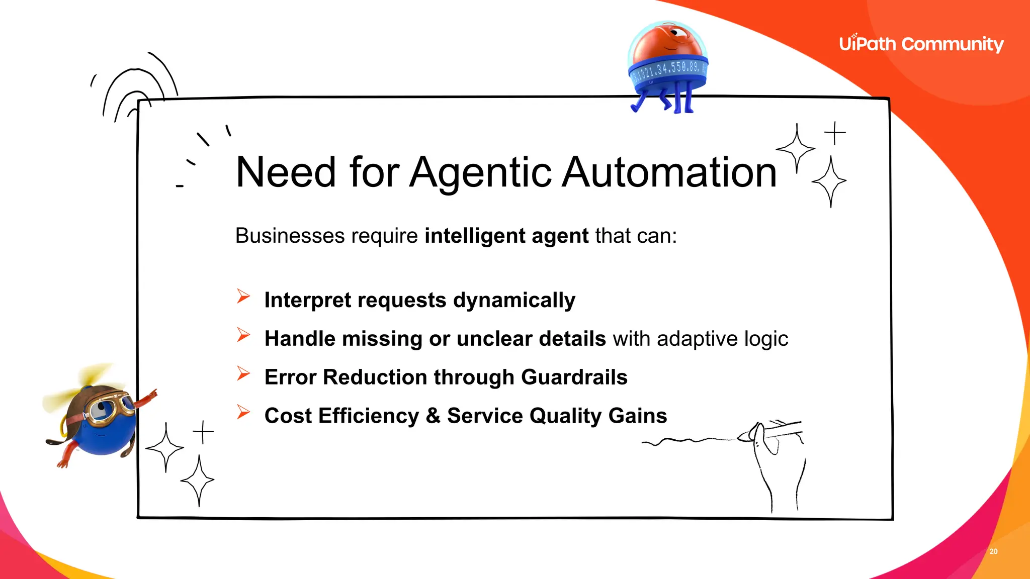 20
Need for Agentic Automation
Businesses require intelligent agent that can:
 Interpret requests dynamically
 Handle missing or unclear details with adaptive logic
 Error Reduction through Guardrails
 Cost Efficiency & Service Quality Gains
 