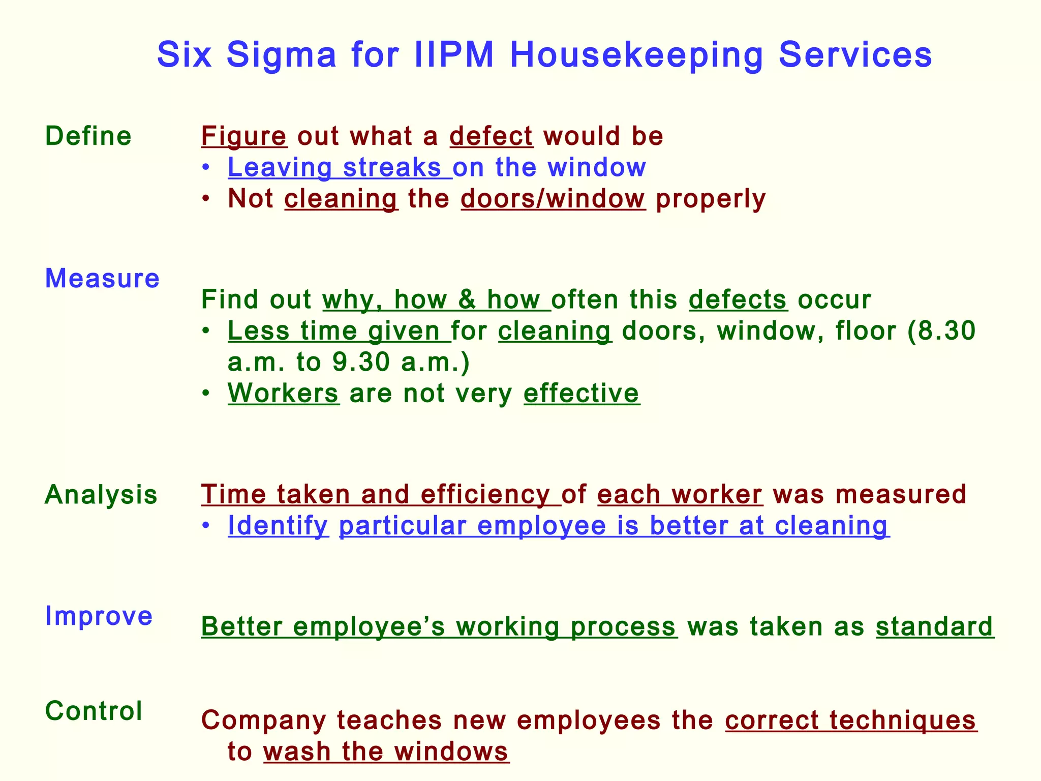 Six Sigma for IIPM Housekeeping Services
Define
Measure
Analysis
Improve
Control
Figure out what a defect would be
• Leaving streaks on the window
• Not cleaning the doors/window properly
Find out why, how & how often this defects occur
• Less time given for cleaning doors, window, floor (8.30
a.m. to 9.30 a.m.)
• Workers are not very effective
Time taken and efficiency of each worker was measured
• Identify particular employee is better at cleaning
Better employee’s working process was taken as standard
Company teaches new employees the correct techniques
to wash the windows
 
