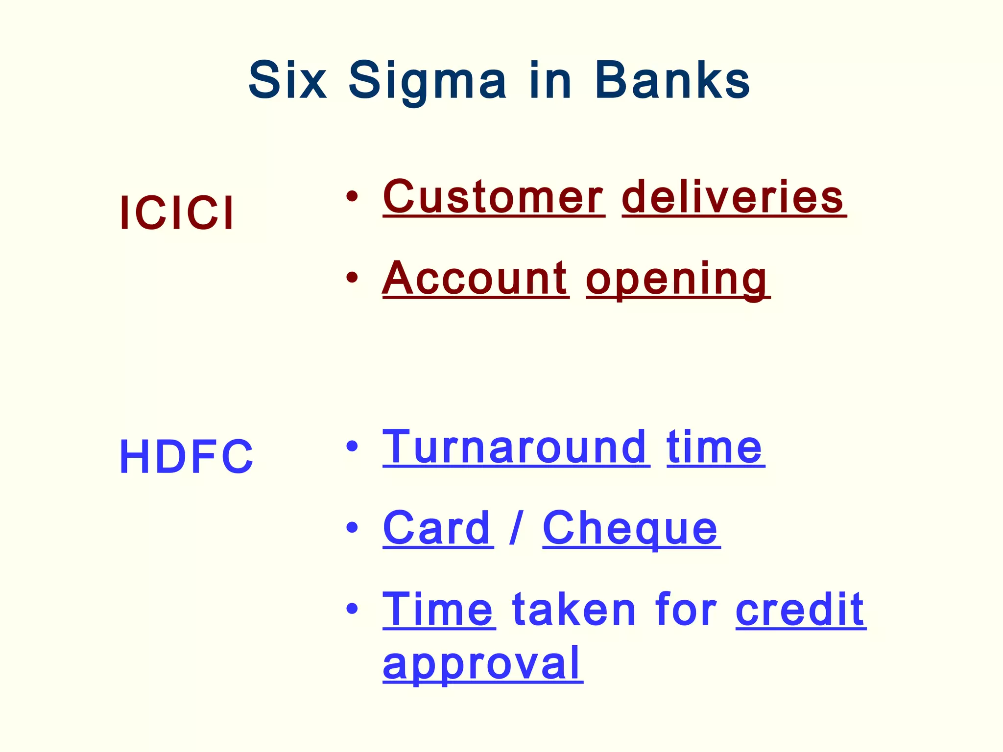 Six Sigma in Banks
ICICI
HDFC
• Customer deliveries
• Account opening
• Turnaround time
• Card / Cheque
• Time taken for credit
approval
 