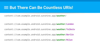 But There Can Be Countless URIs!
content://com.example.android.sunshine.app/weather/
content://com.example.android.sunshine.app/weather/London
content://com.example.android.sunshine.app/weather/TelAviv
content://com.example.android.sunshine.app/weather/Berlin
content://com.example.android.sunshine.app/weather/Milan
 
