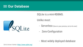 Our Database
SQLite is a mini-RDBMS.
Unlike most:
- Serverless (Runs in your process, not on its own)
- Zero-Configuration
- Most widely deployed database
Get to know it better: https://www.sqlite.org/
 