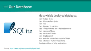 Our Database
Most widely deployed database:
Every Android device
Every iPhone and iOS device
Every Mac
Every Windows 10 machine
Every Firefox, Chrome, and Safari web browser
Every instance of Skype
Every instance of iTunes
Every Dropbox client
Most television sets and set-top cable boxes
Most automotive multimedia systems
Countless millions of other applications
Source: https://www.sqlite.org/mostdeployed.html
 