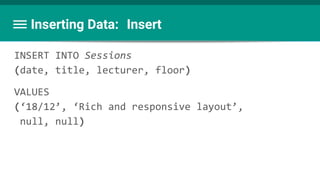 INSERT INTO Sessions
(date, title, lecturer, floor)
VALUES
(‘18/12’, ‘Rich and responsive layout’,
null, null)
Inserting Data: Insert
 