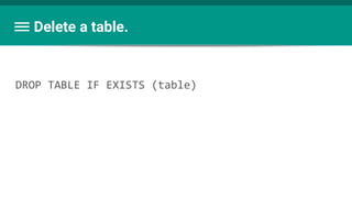 Delete a table.
DROP TABLE IF EXISTS (table)
 