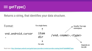 Returns a string, that identifies your data structure.
Format:
getType()
Read more: http://developer.android.com/guide/topics/providers/content-provider-creating.html#TableMIMETypes
item
dir
/vnd.<name>.<type>
For single Items
For sets
Usually, Your app
namespace
Depends on
the URI
vnd.android.cursor
.
 