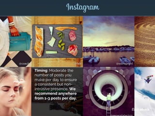 Instagram is exposing gaps in
content strategies and image
creation.
Timing: Moderate the
number of posts you
make per day to ensure
a consistent but non-
intrusive presence. We
recommend anywhere
from 1-3 posts per day.
 