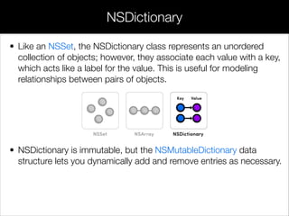 • Like an NSSet, the NSDictionary class represents an unordered
collection of objects; however, they associate each value with a key,
which acts like a label for the value. This is useful for modeling
relationships between pairs of objects.
!
!
!
• NSDictionary is immutable, but the NSMutableDictionary data
structure lets you dynamically add and remove entries as necessary.
NSDictionary
 