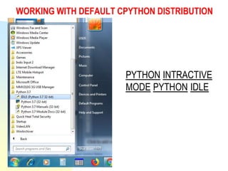 WORKING WITH DEFAULT CPYTHON DISTRIBUTION
PYTHON INTRACTIVE
MODE PYTHON IDLE
 