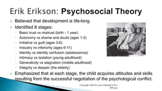  Believed that development is life-long.
 Identified 8 stages:
◦ Basic trust vs mistrust (birth - 1 year)
◦ Autonomy vs shame and doubt (ages 1-3)
◦ Initiative vs guilt (ages 3-6)
◦ Industry vs inferiority (ages 6-11)
◦ Identity vs identity confusion (adolescence)
◦ Intimacy vs isolation (young adulthood)
◦ Generativity vs stagnation (middle adulthood)
◦ Integrity vs despair (the elderly)
 Emphasized that at each stage, the child acquires attitudes and skills
resulting from the successful negotiation of the psychological conflict.
Copyright AllCEUs.com Unlimited CEUs
$99/year
 