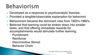  Developed as a response to psychoanalytic theories.
 Provided a tangible/observable explanation for behaviors
 Behaviorism became the dominant view from 1920's-1960's.
 Believed that learning could be broken down into smaller
tasks, and that offering immediate rewards for
accomplishments would stimulate further learning.
◦ Punishment
◦ Reinforcer
◦ Discriminitive Stimuli
◦ Behavior Chain
Copyright AllCEUs.com Unlimited CEUs
$99/year
 