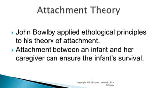  John Bowlby applied ethological principles
to his theory of attachment.
 Attachment between an infant and her
caregiver can ensure the infant’s survival.
Copyright AllCEUs.com Unlimited CEUs
$99/year
 