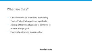 • Can sometimes be referred to as Learning
Tracks/Paths/Pathways/Journeys/Trails...
• A group of learning objectives to complete to
achieve a larger goal
• Essentially a learning plan or outline
What are they?
 
