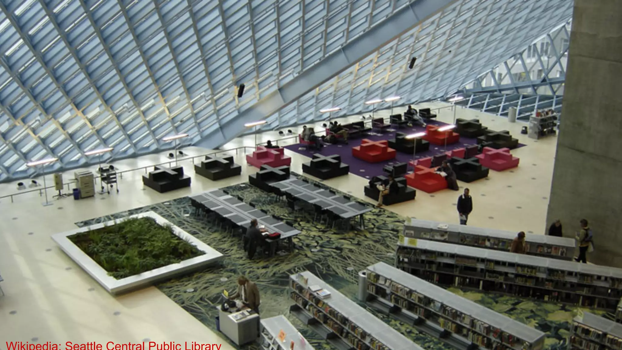 DISCUSSION: How do you like the SPL? Is it good design?
Criticism points:
● The huge overhead space ... works against readers, who mostly crave
private spaces for curling up with a book.
● If you're spending the day studying or reading on the 10th level, the
nearest restroom is on the seventh.
● One of the library's most touted innovations was the spiral stacks
spanning the sixth through ninth levels … but in practice the organic
ribbon is no easier for the user to negotiate than discrete floors, and in
some cases it may be harder.
● It's relentlessly monotonous and there are few attractive study niches.
Something to consider: it’s gotten over 2x the foot traffic than was anticipated,
and surrounding businesses have made $16 million...
http://www.seattlepi.com/ae/article/On-Architecture-How-the-new-Central-Library-
1232303.php?source=mypi#photo-674846
 