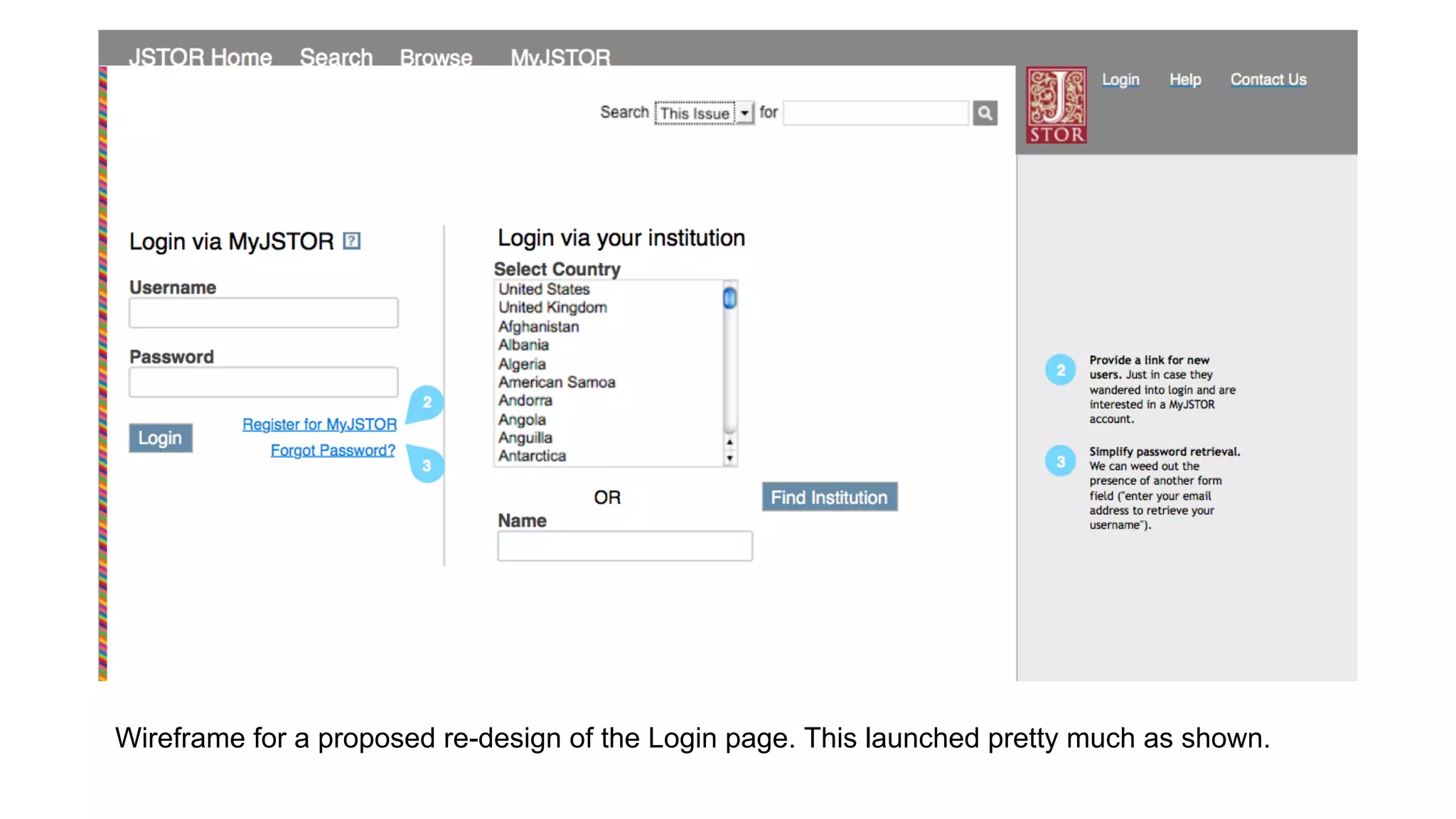 Wireframe for a proposed re-design of the Login page. This launched pretty much as shown.
 