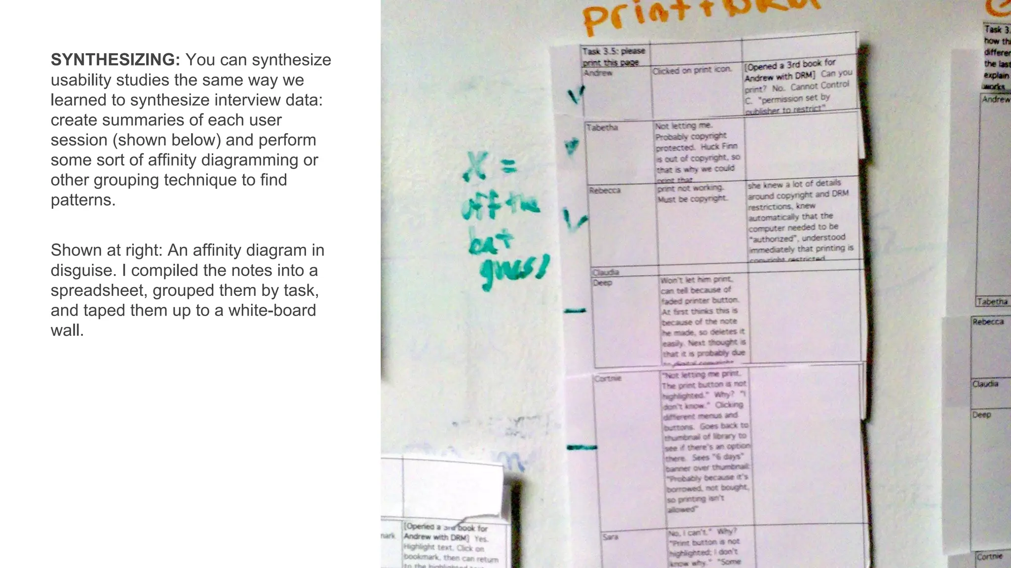 SYNTHESIZING: You can synthesize
usability studies the same way we
learned to synthesize interview data:
create summaries of each user
session (shown below) and perform
some sort of affinity diagramming or
other grouping technique to find
patterns.
Shown at right: An affinity diagram in
disguise. I compiled the notes into a
spreadsheet, grouped them by task,
and taped them up to a white-board
wall.
 