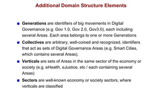 Additional Domain Structure Elements
Generations are identifiers of big movements in Digital
Governance (e.g. Gov 1.0, Gov 2.0, Gov3.0), each including
several Areas. Each area belongs to one or more Generations
Collectives are arbitrary, well-coined and recognized, identifiers
that act as sets of Digital Governance Areas (e.g. Smart Cities,
which contains several Areas).
Verticals are sets of Areas in the same sector of the economy or
society (e.g. eHealth, eJustice, etc / each containing several
Areas)
Sectors are well-known economy or society sectors, where
verticals are classified
 