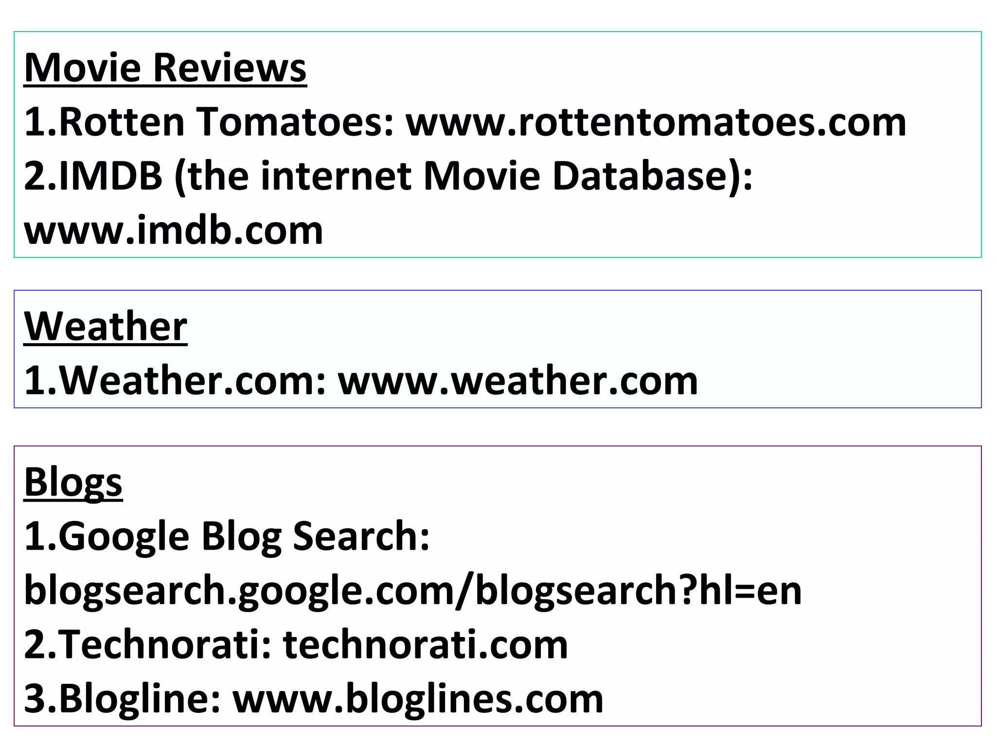 Movie Reviews
1.Rotten Tomatoes: www.rottentomatoes.com
2.IMDB (the internet Movie Database):
www.imdb.com

Weather
1.Weather.com: www.weather.com

Blogs
1.Google Blog Search:
blogsearch.google.com/blogsearch?hl=en
2.Technorati: technorati.com
3.Blogline: www.bloglines.com
 