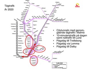 Citytunneln med genom-gående tågtrafik i Malmö 10-minuterstrafik på dagen samt nattrafik till Lund Pågatåg till Trelleborg Pågatåg via Lomma Pågatåg till Dalby Tågtrafik År 2020 