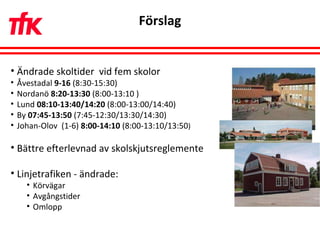 Förslag Ändrade skoltider  vid fem skolor Åvestadal  9-16  (8:30-15:30) Nordanö  8:20-13:30  (8:00-13:10 ) Lund  08:10-13:40/14:20  (8:00-13:00/14:40)  By  07:45-13:50  (7:45-12:30/13:30/14:30) Johan-Olov  (1-6)  8:00-14:10  (8:00-13:10/13:50 ) Bättre efterlevnad av skolskjutsreglemente Linjetrafiken - ändrade: Körvägar Avgångstider Omlopp 