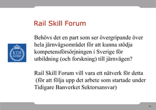 Rail Skill Forum

Behövs det en part som ser övergripande över
hela järnvägsområdet för att kunna stödja
kompetensförsörjningen i Sverige för
utbildning (och forskning) till järnvägen?

Rail Skill Forum vill vara ett nätverk för detta
(för att följa upp det arbete som startade under
Tidigare Banverket Sektorsansvar)

                                                   22
 