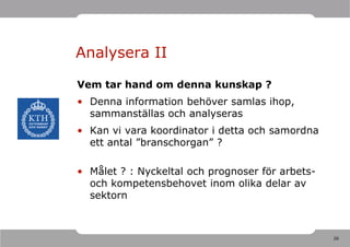 Analysera II

Vem tar hand om denna kunskap ?
• Denna information behöver samlas ihop,
  sammanställas och analyseras
• Kan vi vara koordinator i detta och samordna
  ett antal ”branschorgan” ?

• Målet ? : Nyckeltal och prognoser för arbets-
  och kompetensbehovet inom olika delar av
  sektorn



                                                  26
 