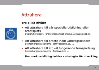 Attrahera
Tre olika nivåer
• Att attrahera till vår speciella utbildning eller
  arbetsplats
  Skolan/Företaget, branschorganisationerna, Jarnvagsjobb.se,
   ...

• Att attrahera till arbete inom Järnvägssektorn
  Branschorganisationerna, Jarnvagsjobb.se, ...

• Att attrahera till ett väl fungerande transportslag
  Branschorganisationerna, Trafikverket, ...

  Mer marknadsföring behövs – strategier för utveckling



                                                                31
 