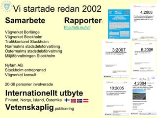 Vi startade redan 2002                                            4:2008

Samarbete                           Rapporter:
                                    http://slb.nu/lvf/
Vägverket Borlänge
Vägverket Stockholm
Trafikkontoret Stockholm
Norrmalms stadsdelsförvaltning
Östermalms stadsdelsförvaltning                           3:2007      6:2006
Miljöförvaltningen Stockholm

Nyfam AB
Stockholm entreprenad
Vägverket konsult

20-30 personer involverade                                         4:2004
                                                         10:2005
Internationellt utbyte
Finland, Norge, Island, Österrike

Vetenskaplig publicering
 