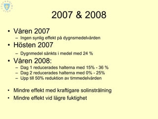 2007 & 2008
• Våren 2007
   – Ingen synlig effekt på dygnsmedelvärden
• Hösten 2007
   – Dygnmedel sänkts i medel med 24 %
• Våren 2008:
   – Dag 1 reducerades halterna med 15% - 36 %
   – Dag 2 reducerades halterna med 0% - 25%
   – Upp till 50% reduktion av timmedelvärden

• Mindre effekt med kraftigare solinstrålning
• Mindre effekt vid lägre fuktighet
 