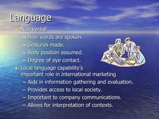 Language Non Verbal How words are spoken. Gestures made. Body position assumed. Degree of eye contact. Local language capability’s  important role in international marketing Aids in information gathering and evaluation. Provides access to local society. Important to company communications. Allows for interpretation of contexts. 