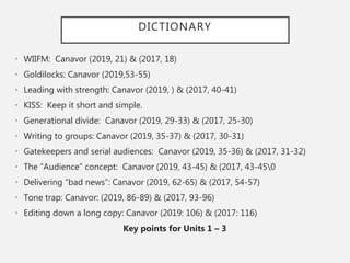 DICTIONARY
• WIIFM: Canavor (2019, 21) & (2017, 18)
• Goldilocks: Canavor (2019,53-55)
• Leading with strength: Canavor (2019, ) & (2017, 40-41)
• KISS: Keep it short and simple.
• Generational divide: Canavor (2019, 29-33) & (2017, 25-30)
• Writing to groups: Canavor (2019, 35-37) & (2017, 30-31)
• Gatekeepers and serial audiences: Canavor (2019, 35-36) & (2017, 31-32)
• The “Audience” concept: Canavor (2019, 43-45) & (2017, 43-450
• Delivering “bad news”: Canavor (2019, 62-65) & (2017, 54-57)
• Tone trap: Canavor: (2019, 86-89) & (2017, 93-96)
• Editing down a long copy: Canavor (2019: 106) & (2017: 116)
Key points for Units 1 – 3
 