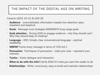 THE IMPACT OF THE DIGITAL AGE ON WRITING
Canavor (2019, 10-11) & (2017,8)
• Audience - overscheduled, information-loaded, low-attention-span,
impatient and skeptical.
• Goals - Message must strategize IMMEDIATE long-range goals
• Grab attention - Strong LEAD to engage audience – why they should care?
Why they should keep on reading?
• Language – KISS: Simple, clear conversational language – optimal
readability
• WIIFM? Frame every message in terms of YOU not I.
• Persuasion: Techniques of persuasion – state your case – represent your
interests.
• Tactics – foster dialogue and interaction
• What to do with the info? Clarify EXACTLY what you want the reader to do
• Relationships - Write, consciously, ways to build and maintain relationships
 