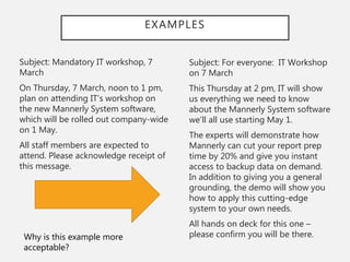 EXAMPLES
Subject: Mandatory IT workshop, 7
March
On Thursday, 7 March, noon to 1 pm,
plan on attending IT’s workshop on
the new Mannerly System software,
which will be rolled out company-wide
on 1 May.
All staff members are expected to
attend. Please acknowledge receipt of
this message.
Subject: For everyone: IT Workshop
on 7 March
This Thursday at 2 pm, IT will show
us everything we need to know
about the Mannerly System software
we’ll all use starting May 1.
The experts will demonstrate how
Mannerly can cut your report prep
time by 20% and give you instant
access to backup data on demand.
In addition to giving you a general
grounding, the demo will show you
how to apply this cutting-edge
system to your own needs.
All hands on deck for this one –
please confirm you will be there.Why is this example more
acceptable?
 