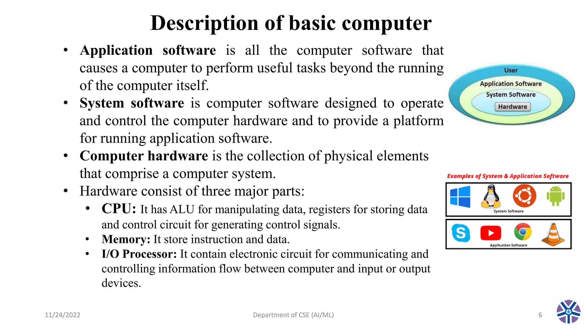 Description of basic computer
• Application software is all the computer software that
causes a computer to perform useful tasks beyond the running
of the computer itself.
• System software is computer software designed to operate
and control the computer hardware and to provide a platform
for running application software.
• Computer hardware is the collection of physical elements
that comprise a computer system.
• Hardware consist of three major parts:
• CPU: It has ALU for manipulating data, registers for storing data
and control circuit for generating control signals.
• Memory: It store instruction and data.
• I/O Processor: It contain electronic circuit for communicating and
controlling information flow between computer and input or output
devices.
11/24/2022 Department of CSE (AI/ML) 6
 
