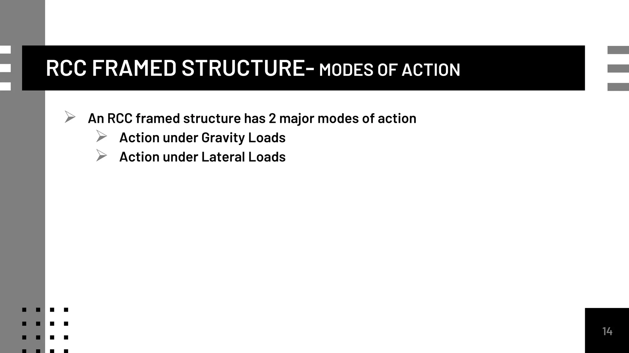 RCC FRAMED STRUCTURE- MODES OF ACTION
 An RCC framed structure has 2 major modes of action
 Action under Gravity Loads
 Action under Lateral Loads
14
 