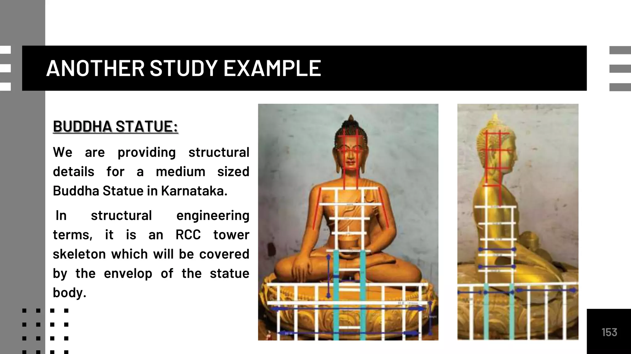 ANOTHER STUDY EXAMPLE
BUDDHA STATUE:
We are providing structural
details for a medium sized
Buddha Statue in Karnataka.
In structural engineering
terms, it is an RCC tower
skeleton which will be covered
by the envelop of the statue
body.
153
 
